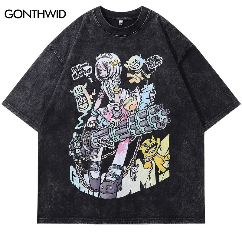 Vintage Black T-Shirt Y2K Retro 90s Japanese Anime Cartoon Girl Graphic Print Washed Tshirt 2024 Hip Hop Harajuku Cotton Tee Top