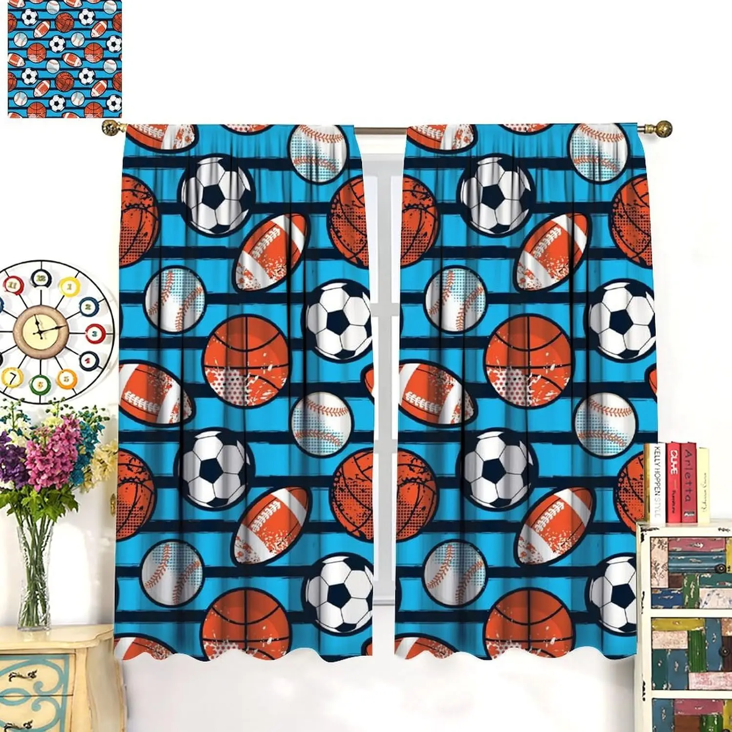 Kids Basketball Blackout Curtains, Cartoon Modern Dazzling Basketball Football Rugby Printed Theme Window Decorations, Bedroom