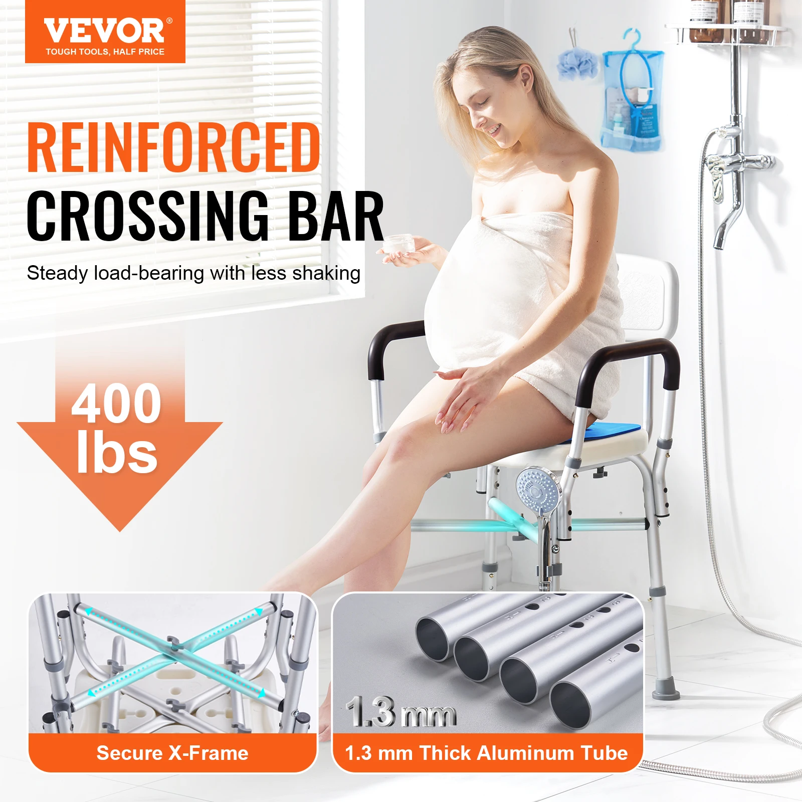 VEVOR Siège de Douche Antidérapant Hauteur Réglable 420-520 mm Chaise de Douche Chargeant 181,4 kg Fauteuil de Bain en Alu et PE Aide à la Douche pour Personnes Âgées Femmes Enceintes Salle de Bain