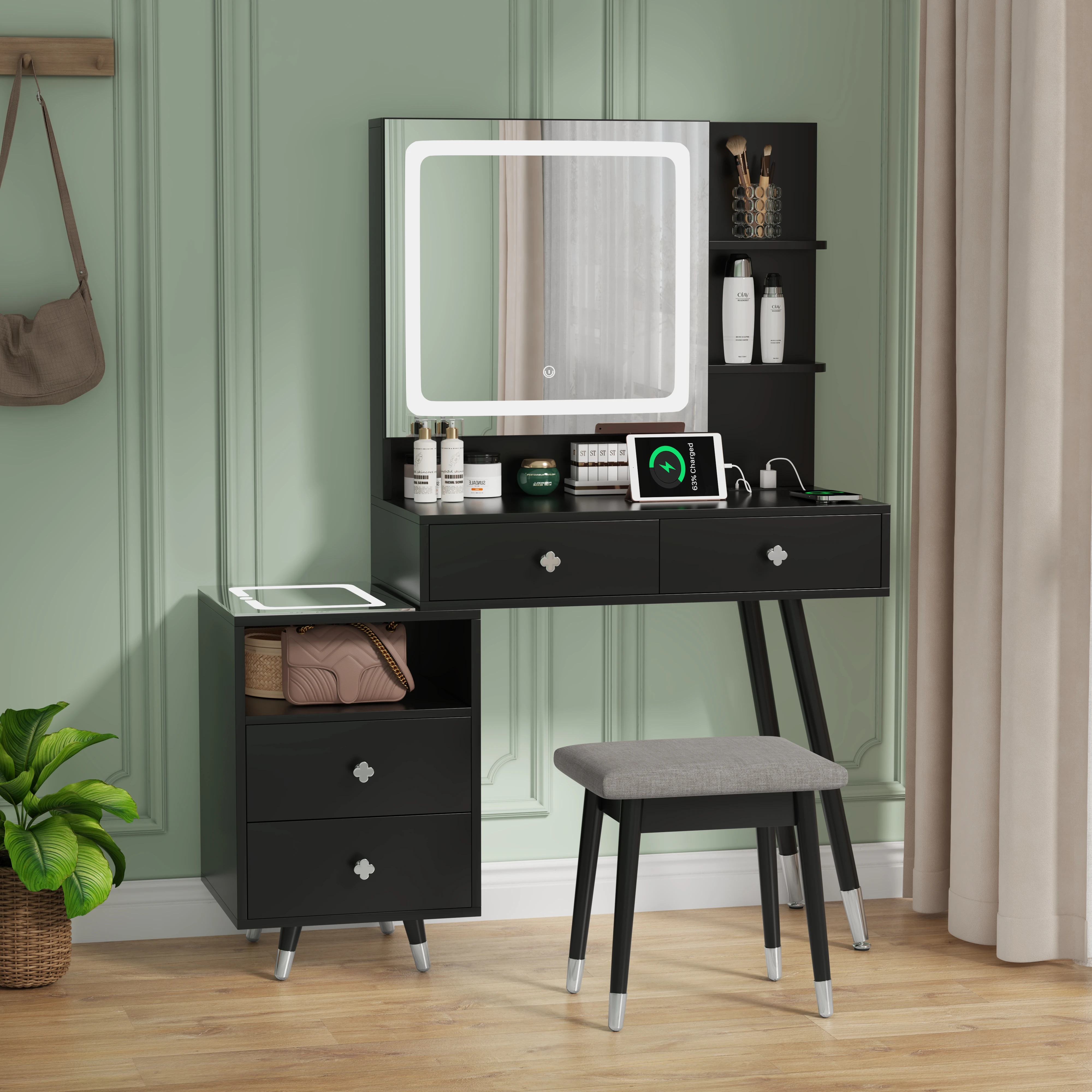 

FCH Particle Bd, Solid Wood Legs, 4 Drawers, 2-Tier Shelf, Mirror Cabinet, LED 3-Tone Light Panel & Mirror.