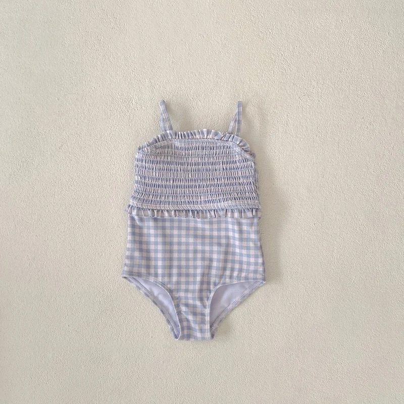 New Baby Girl Swimsuit 1-4Years Toddler Kids Sleeveless Strap Plaid Beachwear One-Pieces Suit Holiday Swimwear Bathing Suit