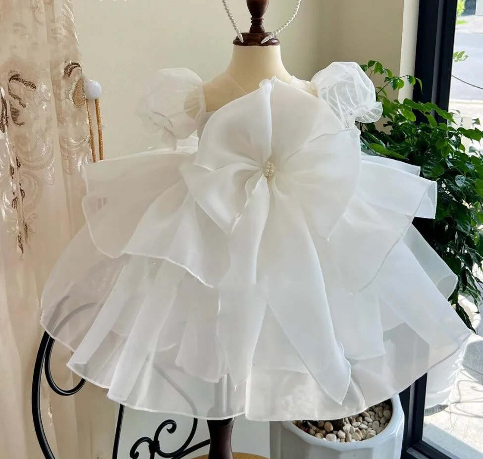 Handmade White Organza Flower Girls Dress for Wedding Tutu Short Kid Birthday Dress Christmas Party Gown Big Bow