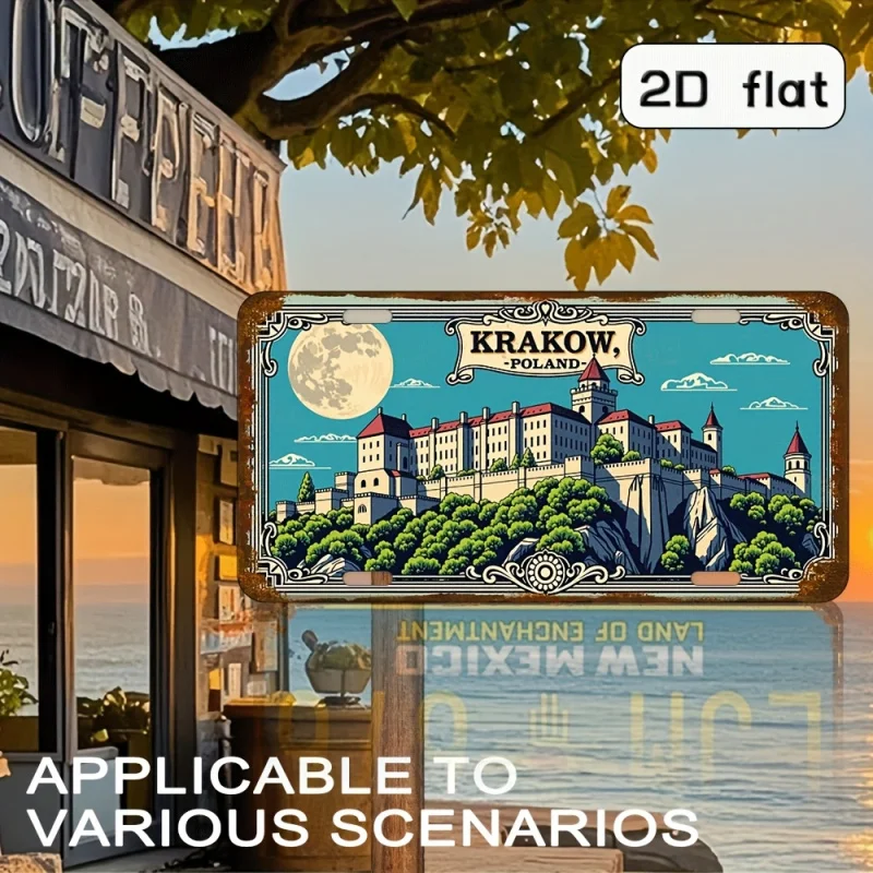 مسطح ثنائي الأبعاد - لافتة معدنية عتيقة من كراكوف وبولندا - لوحة فنية جدارية من الألومنيوم مقاس 15.24 × 30.48 سم، متينة ومقاومة للطقس