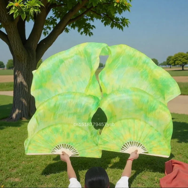 

1 пара 100% натуральных шелковых вееров для танца живота, бамбуковые ребрышки, окрашенные вручную, длинные шелковые веера для выступлений на сцене, шелковые веера для практики танца живота