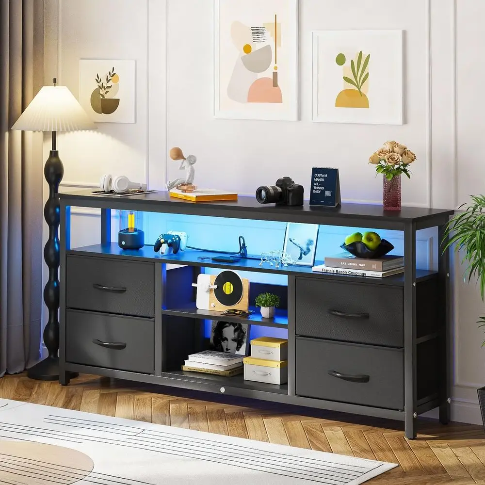 حامل تلفزيون للتلفزيونات حتى 65 بوصة، مركز ترفيه مع أضواء LED ومحطة شحن، طاولة وحدة تحكم وسائط التلفزيون مع #2