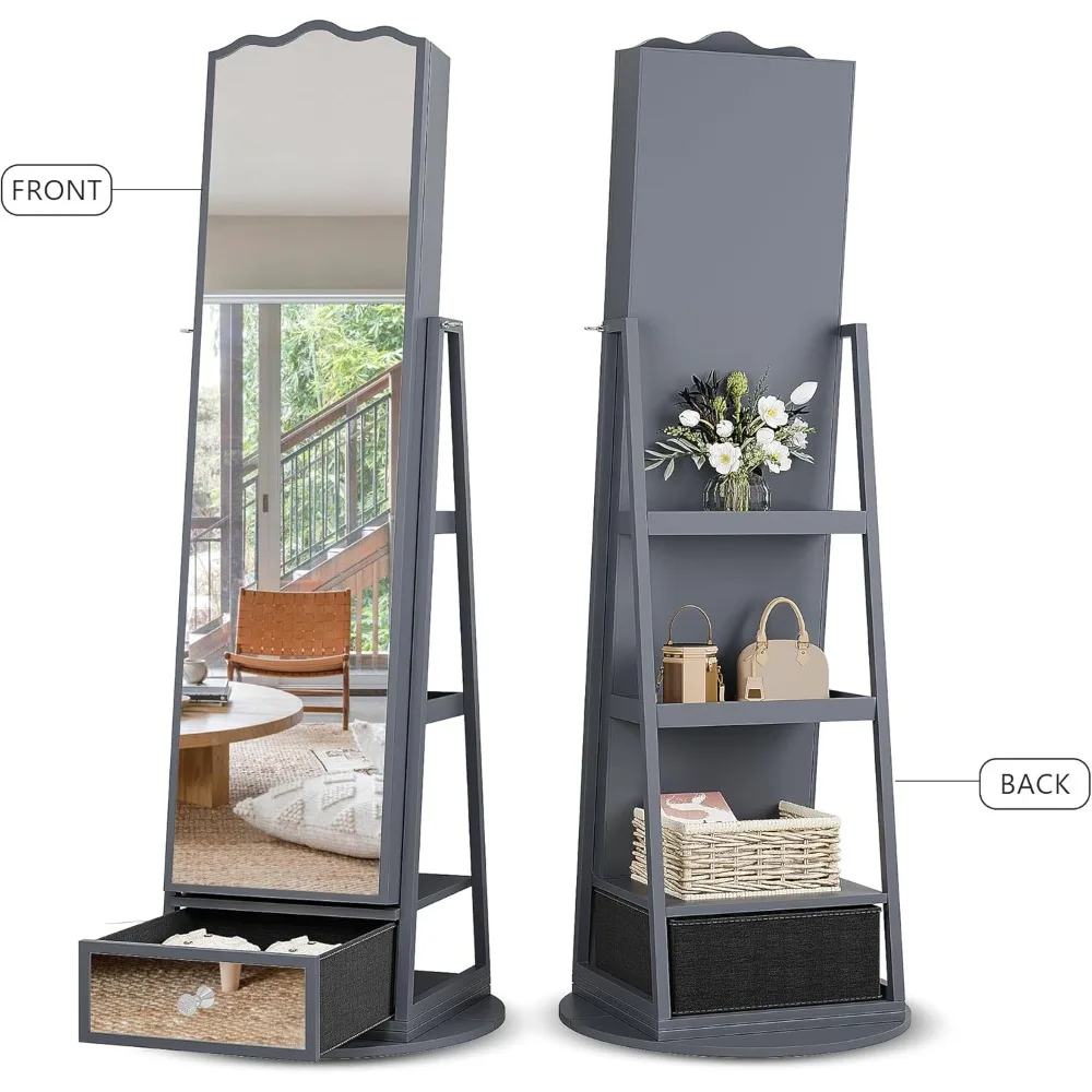 "60° Rotating LED Jewelry Armoire with Full-Length Mirror - Lockable Floor Cabinet with Storage Shelves",Customized,Customized