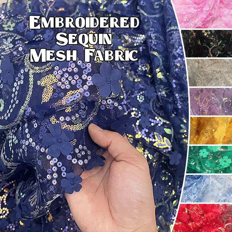 3D Petal Sequin Embroidery Mesh Fabric Transparent Tulle for Ladies Dress Girls Princess Skirt Headdress DIY Sewing Fabric