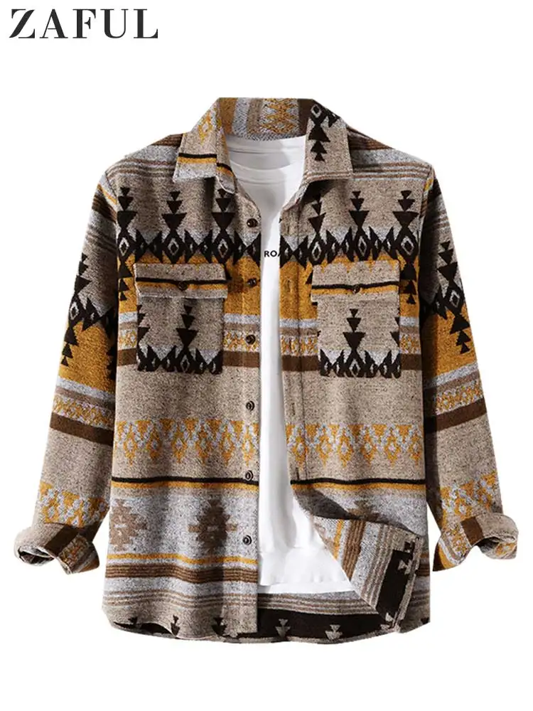 ZAFUL Men\'s Shirts Tribal Geometric Pattern Blend Wool Long Sleeve Warm Shirt Coat Vintage Clothes Shacket Autumn Winter Blouse