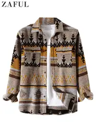 ZAFUL männer Shirts Tribal Geometrische Muster Mischung Wolle Langarm Warme Hemd Mantel Vintage Kleidung Shacket Herbst Winter Bluse