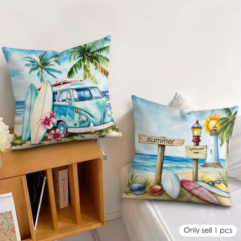 Beach Sunset Surf Days Cushion Cover Silky Short Plush Invisible Zipper Dustproof Sofa Pillow Case for Home Decor