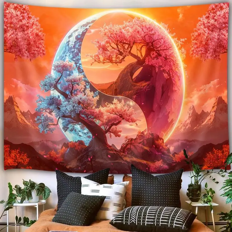 VIKAMA Yin Yang Cherry Tree Mountain Tapestry, Psychedelic Zen Oriental Hippie Wall Hanging for Bedroom Dorm Decor