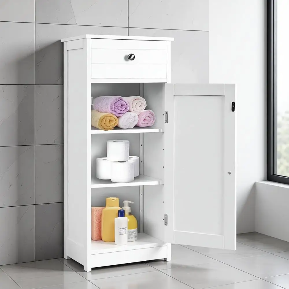 

Bathroom Storage Cabinet, Single Door Floor Cabinet with Drawer and 3-Level Adjustable Shelves, Modern Side Storage Organizer wi