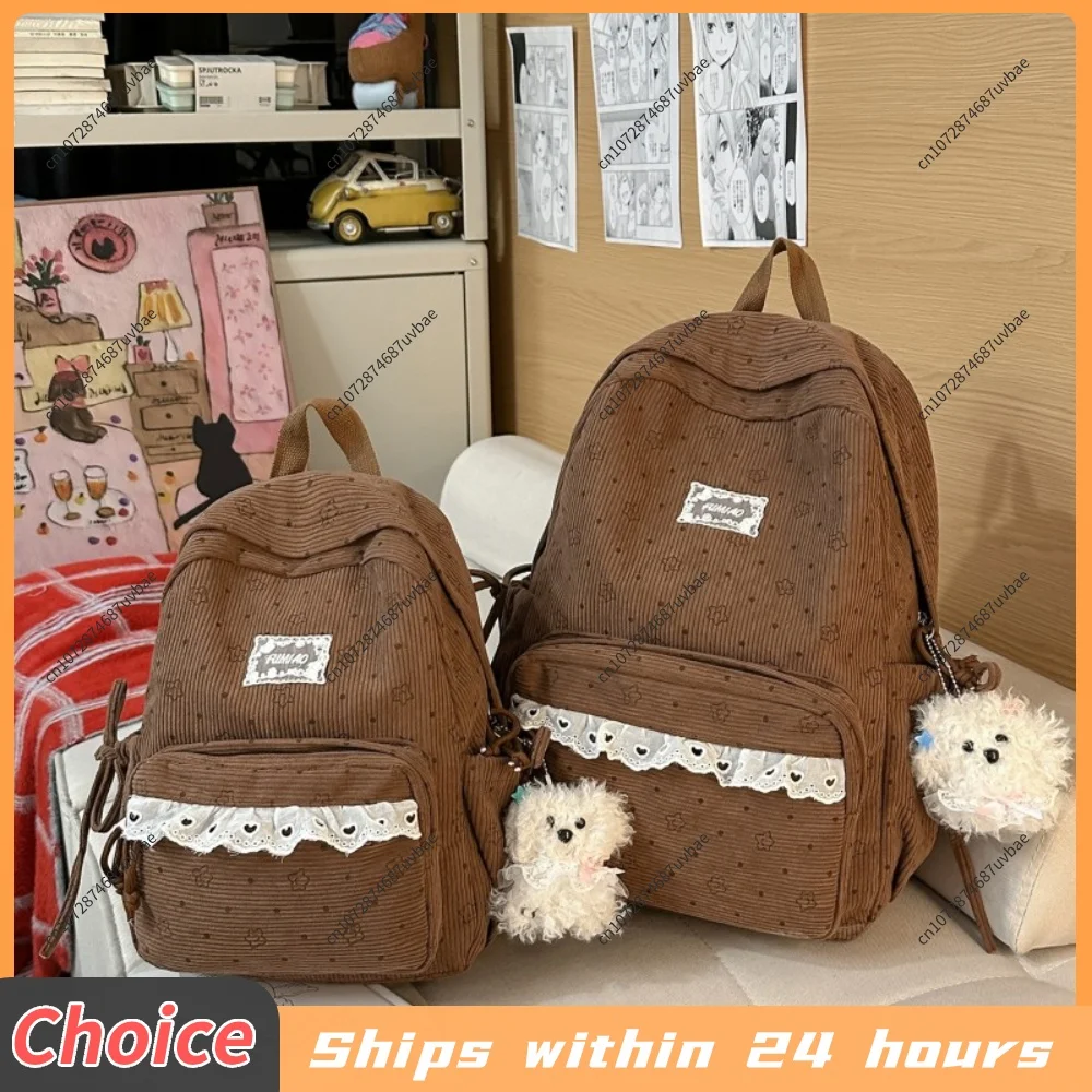 Polka Dot Print Floral Printed Kawaii Backpack with Plush Pendant Kawaii Stuff Y2K Aesthetic Backpack Lace Trim for Girls