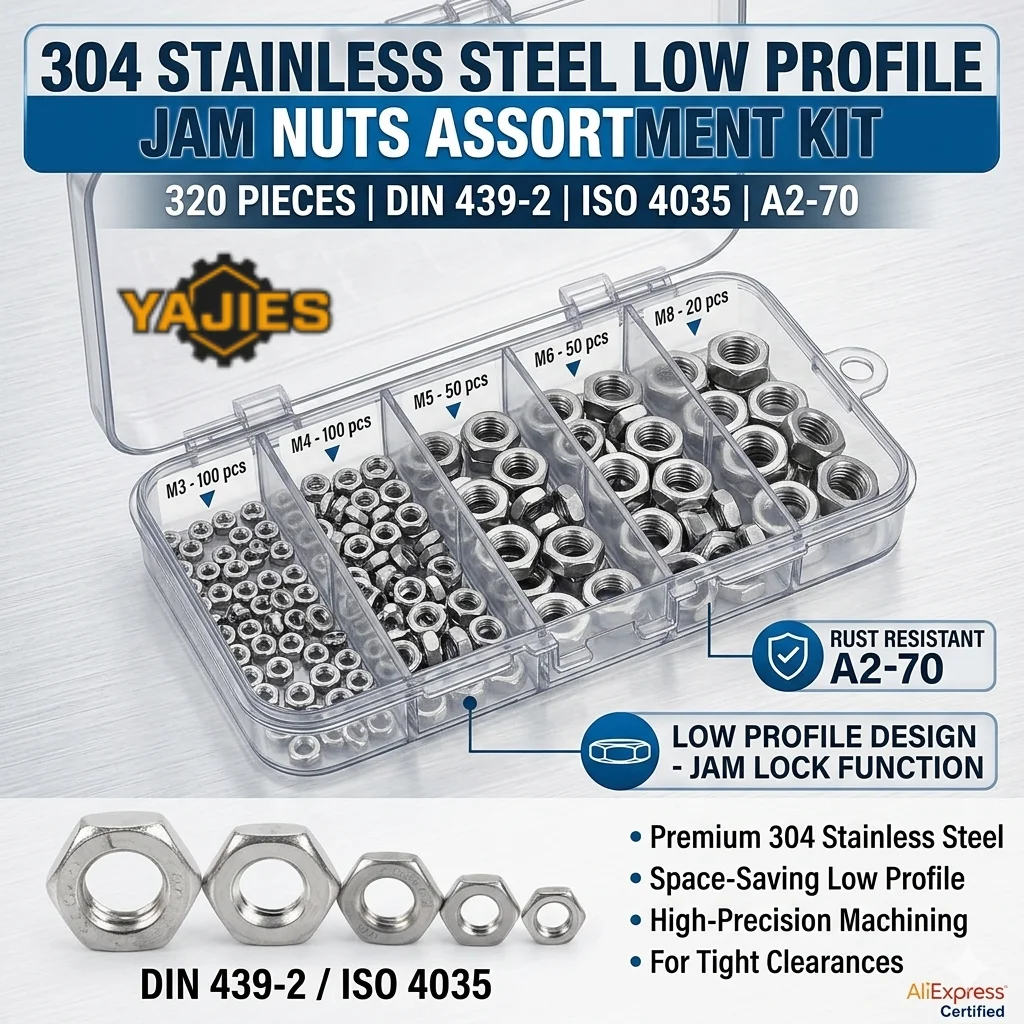 304 Stainless Steel Hex Thin Nuts Assortment Kit 320 PCS DIN439-2 ISO 4035 A2-70 M3 M4 M5 M6 M8 Low Profile Jam Lock Nut Set Wit