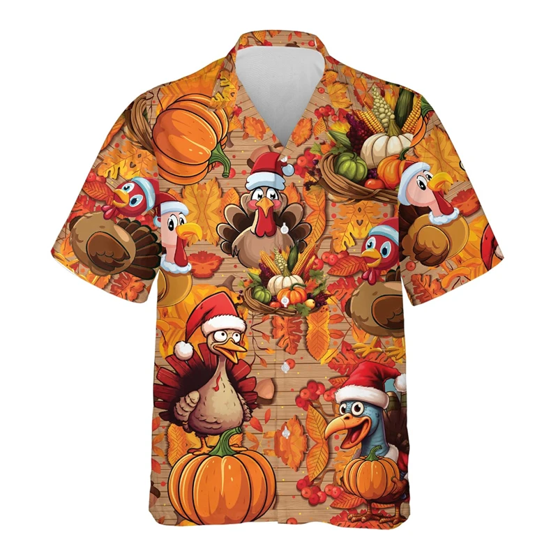 Thanksgiving 3D Printed Shirts Short Sleeve Hawaiian Shirt Christmas Blouses Graphic Shirt Animal Turkey Camisa Mens Clothes Top