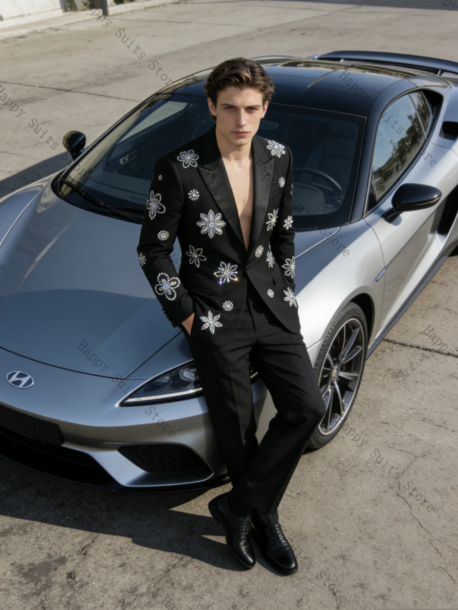 

Men Suit Set 2 Pcs Groom Black Blazer+Pants Trousers Luxury Crystals Formal Office Coat Wedding Tuxedo Customized Jacket Outfit