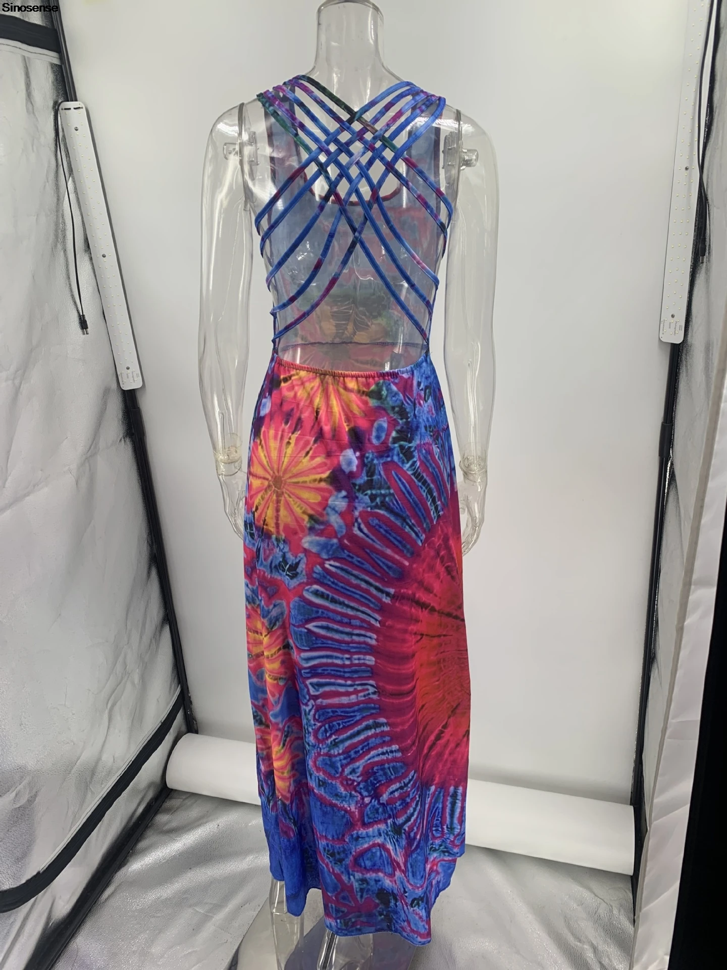 Dames Tie Dye Print Maxi Jurk Sexy Rugloze Criss Cross Terug Zomer Boho Strand Roeping Flowy Jurk Elegante Partij Formele Jurk