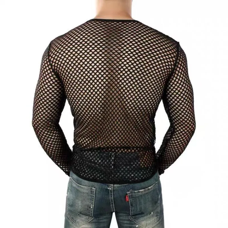 Men's Breathable Mesh Long Sleeve T-Shirt Round Neck Hollow Out Large Holes Trendy Plus Size Fashion European Style Pullover