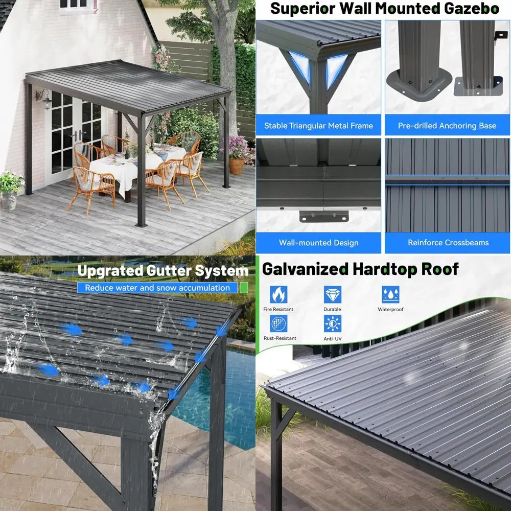 

10x10 Foot Outdoor Wall-Mounted Hardtop Gazebo with Galvanized Steel Roof and Gutter System