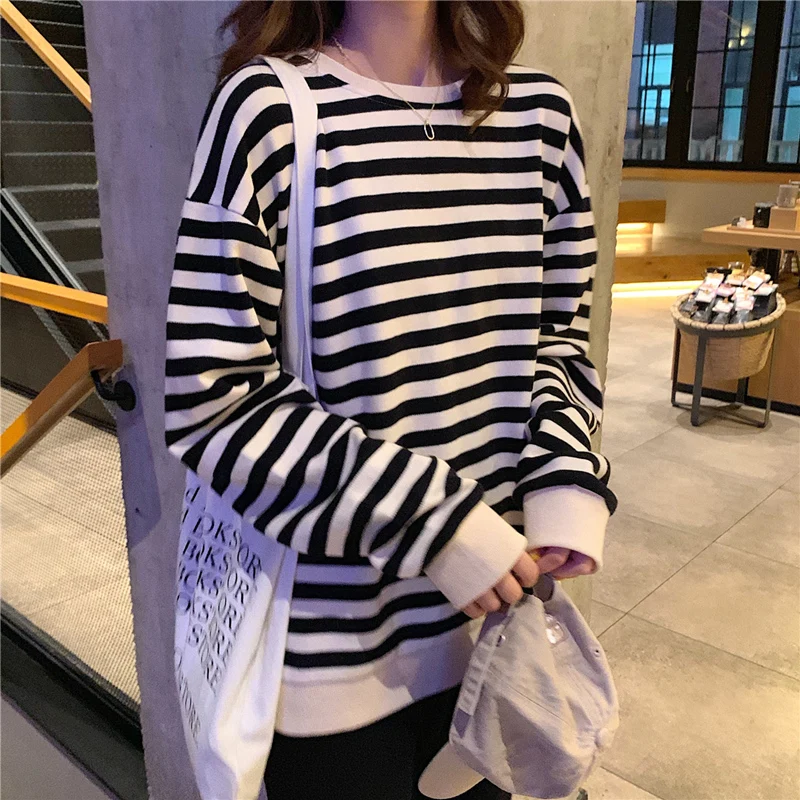 autumn new cotton Oversize Hoodies Women O-Neck stripe Leisure Simple Korean Pullovers femme Kpop black thin Sweatshirts Clothes