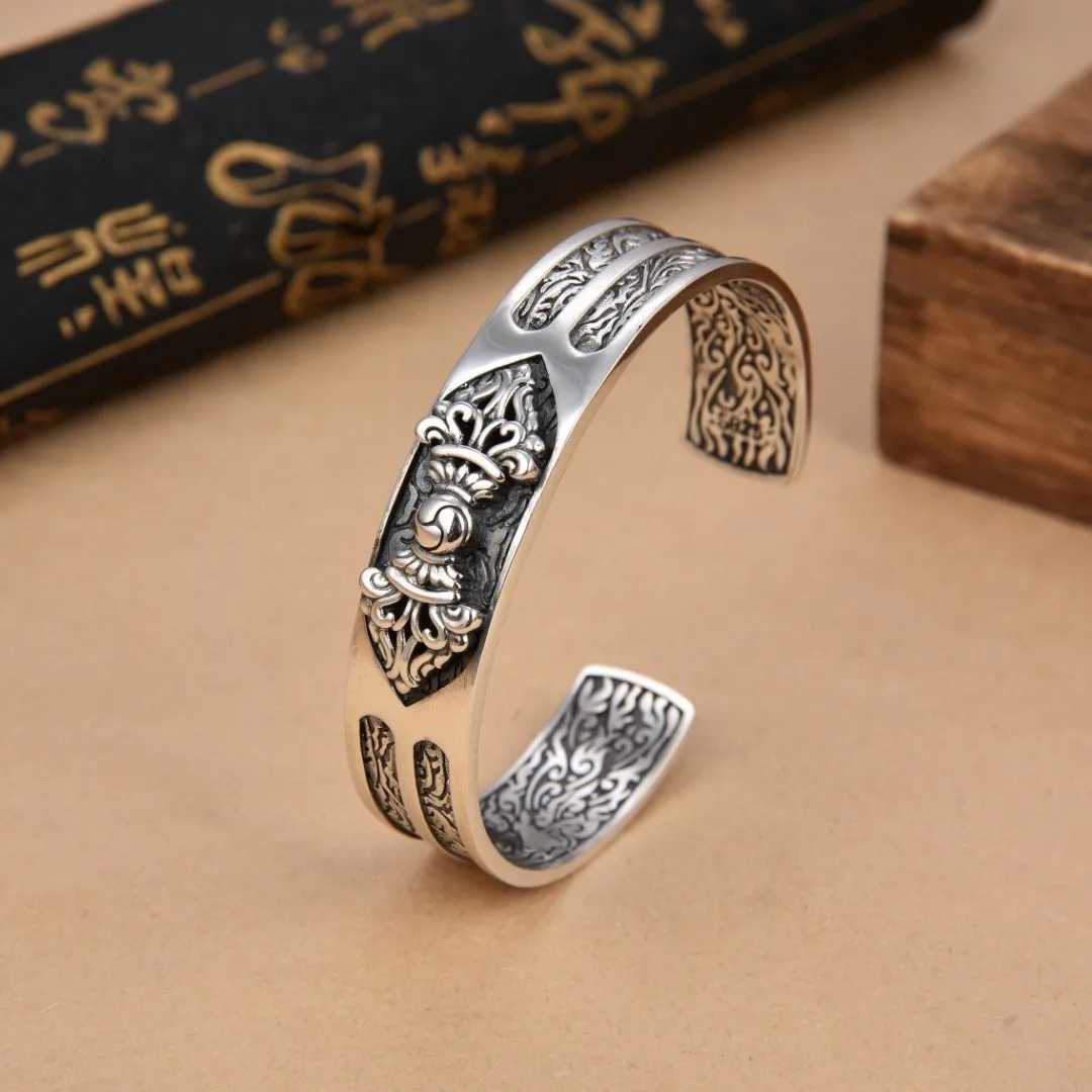 Pure silver diamond pestle bracelet men's retro wide version auspicious cloud bracelet trendy personality wrist accessory