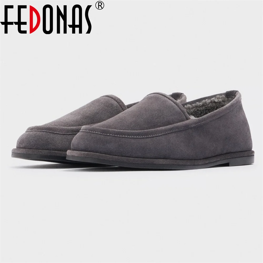 FEDONAS Fashion Women Cow Suede Warm Wool Loafers Flats Heels Round Toe Casual Shoes Woman Winter Flats