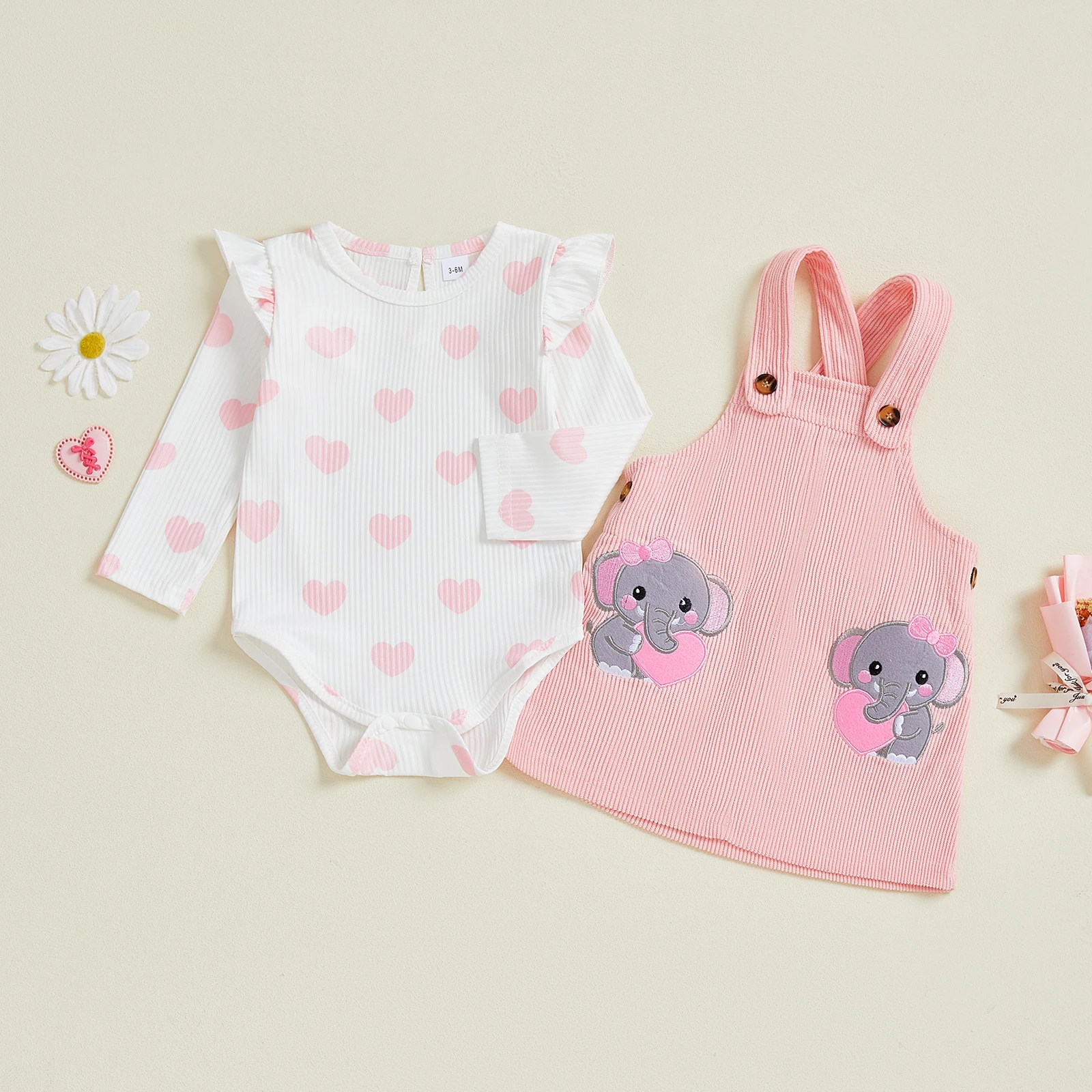 

0-24M Toddler Baby Girl Fall Outfits Heart Print Long Sleeve Round Neck Romper Elephant Embroidery Overalls Dress 2 Pcs Set