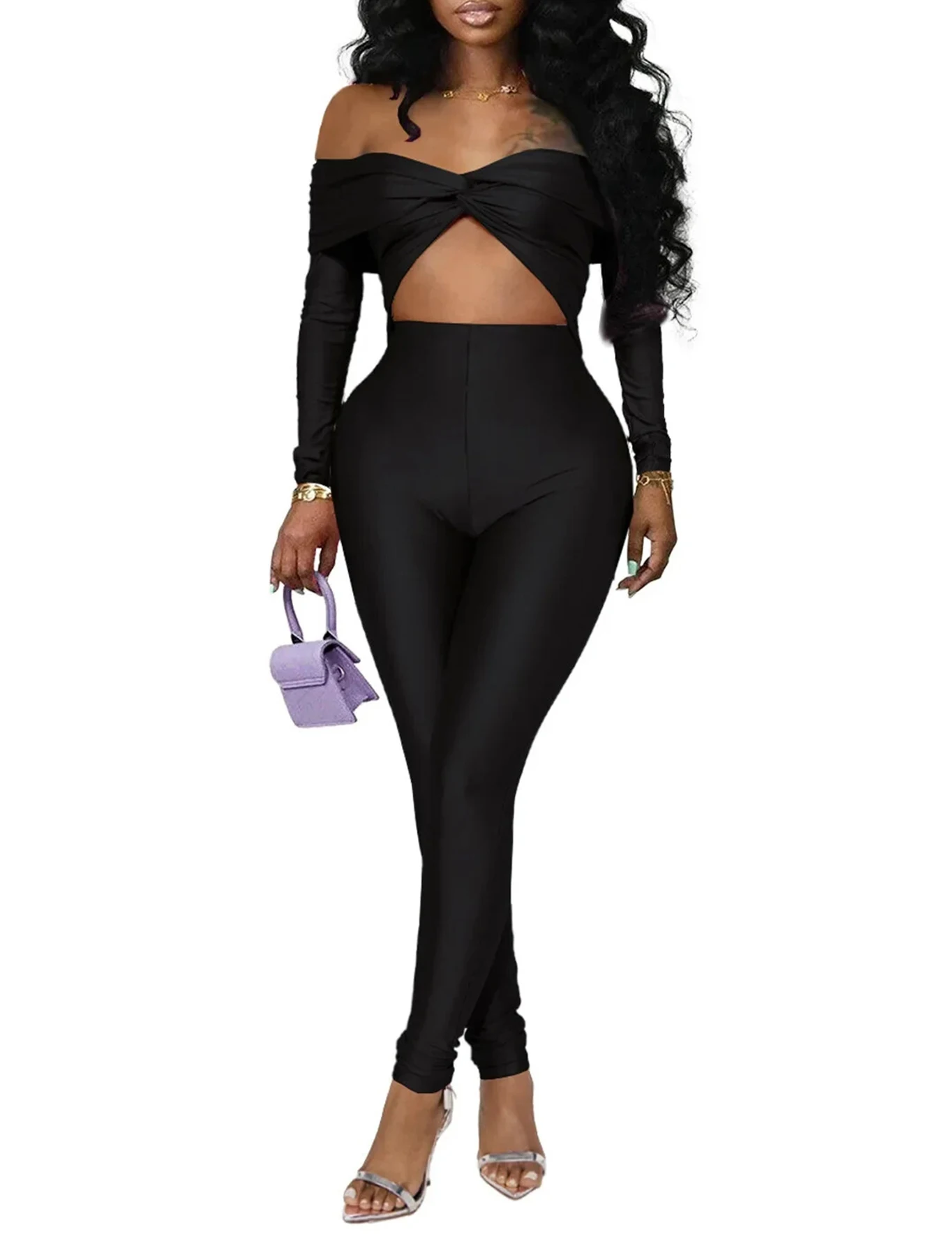 

Women's Summer Jumpsuits Sexy Cut-Out Long Sleeve Off-Shoulder Ankle Skinny Fit Plain Night out Club Style