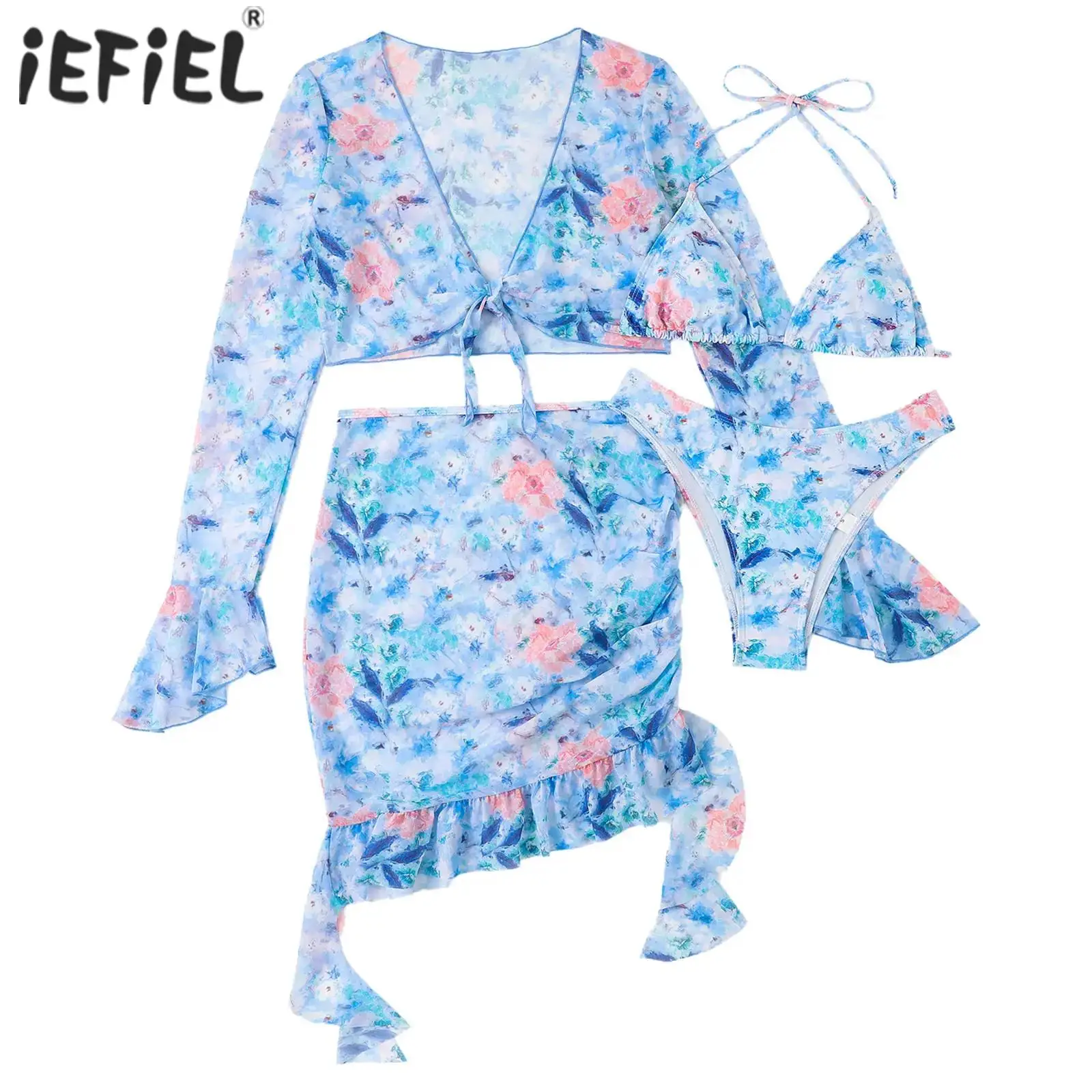 

Womens 4 Piece Floral Print Swimsuit Removable Pad Bikini Bra Swim Briefs Long Sleeve Cardigan Ruffled Cover Up Skirt Beachwear