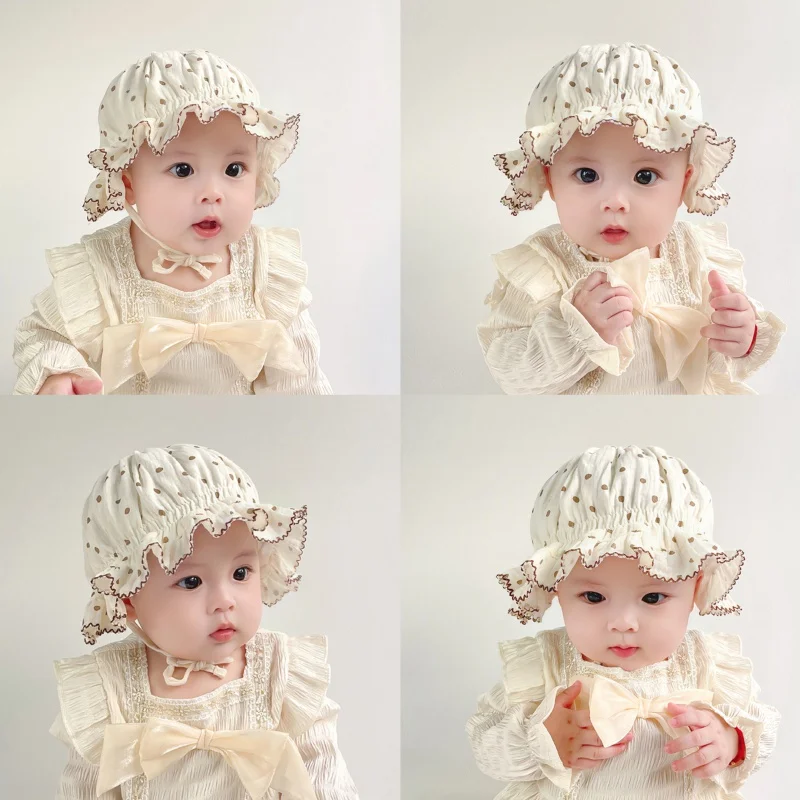 Cotton Baby Sun Bucket Hat Retro Printing Lace Up Palace Beanie Adjustable Tie Cap for Boy Girl Newborn Photography Props  6-24M