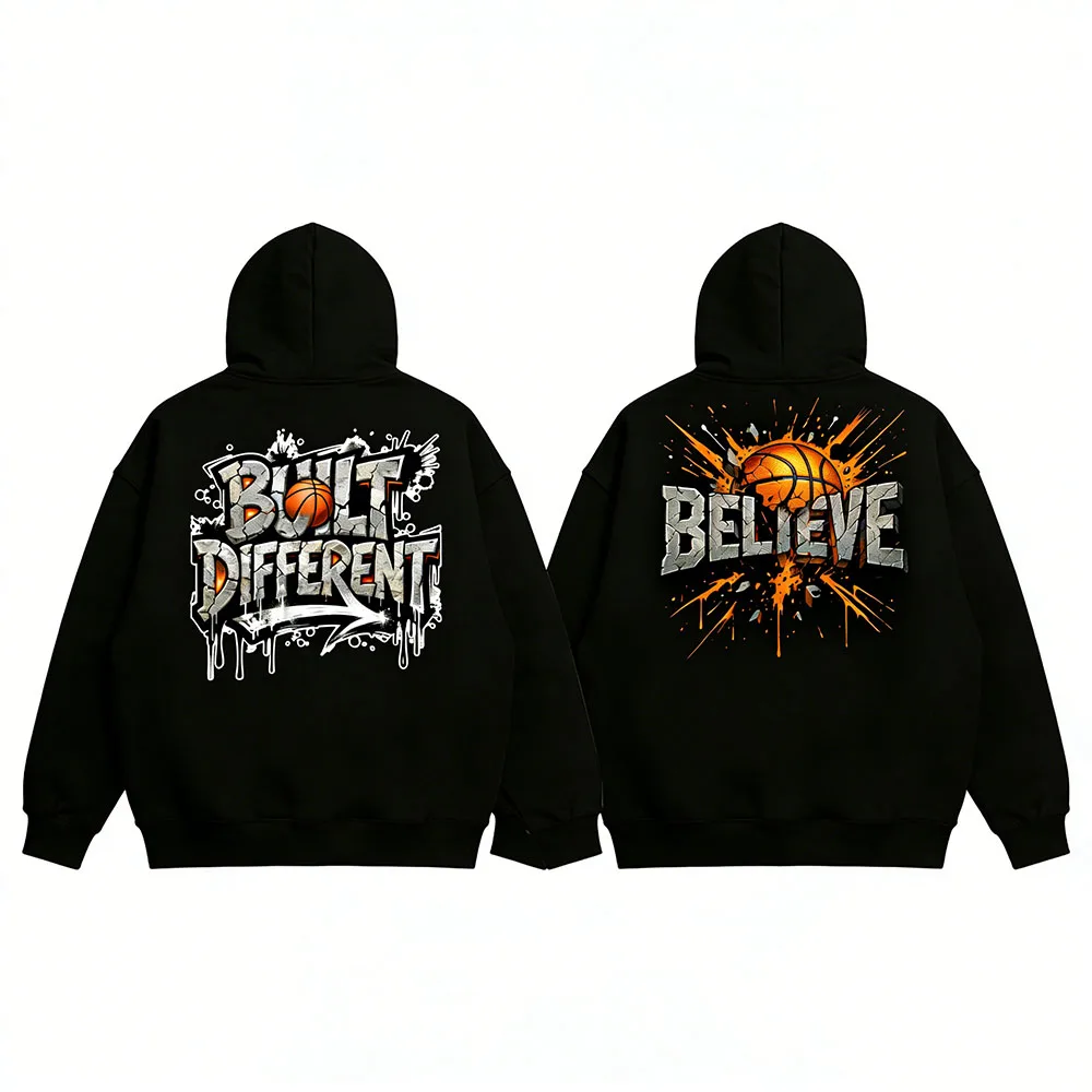 

2 Pcs Built Different Basketball Sweatshirt Set Distressed Sports Hoodie Fashionable Street Style Comfortable Fit Breathable