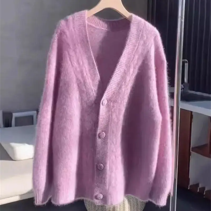 Limiguyue Pink Purple Wool Sweater Jacket for Women Autumn Winter Gentle Soft Knit Cardigan V-neck Cashmere Knitwear Runway F541