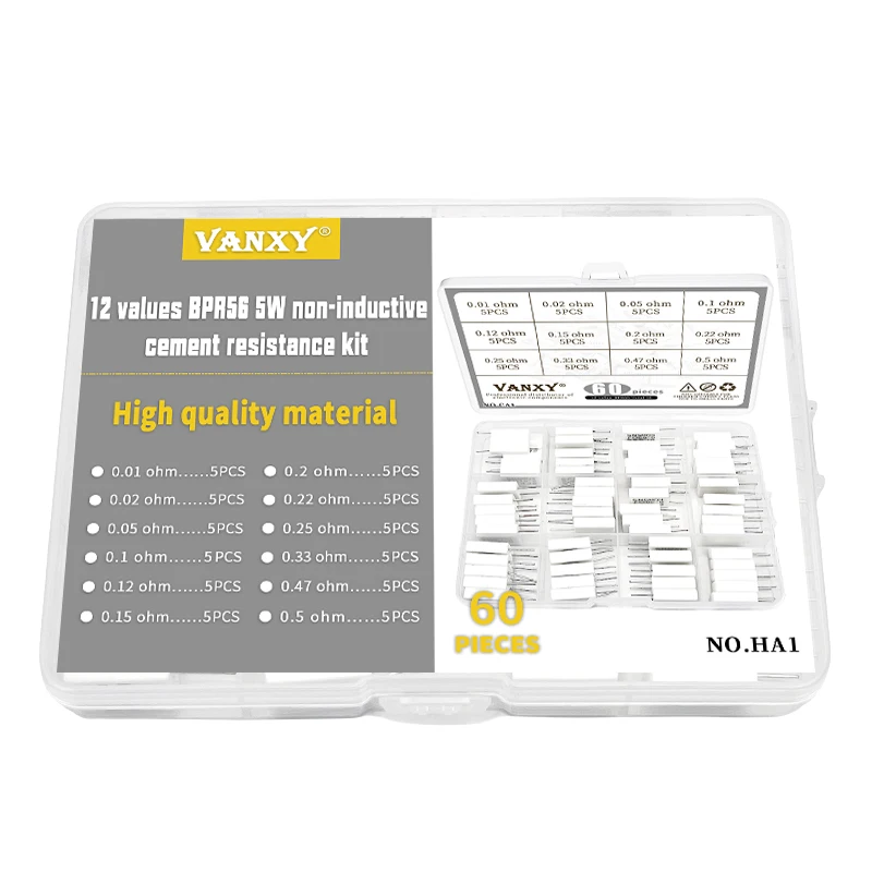12 values BPR56 5W Non-inductive Cement Resistor kit 0.01 0.02 0.05 0.1 0.12 0.15 0.2 0.22 0.25 0.33 0.47 0.5 ohm 0.22R 0.1R