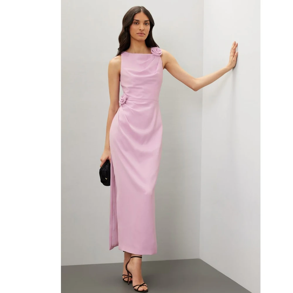 

Bowith Pink Prom Dresses Ankle-Length Sleeveless Women Party Dresses Customized Handmade Flower Side Slit Banquet Gown
