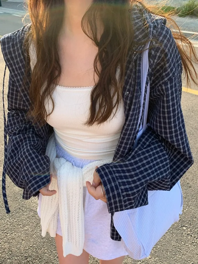 

Spring New Sle Women's Chic Loose Casual Plaid irt with Hat Korean Sle Cotton Long Sve Sun Protection Top