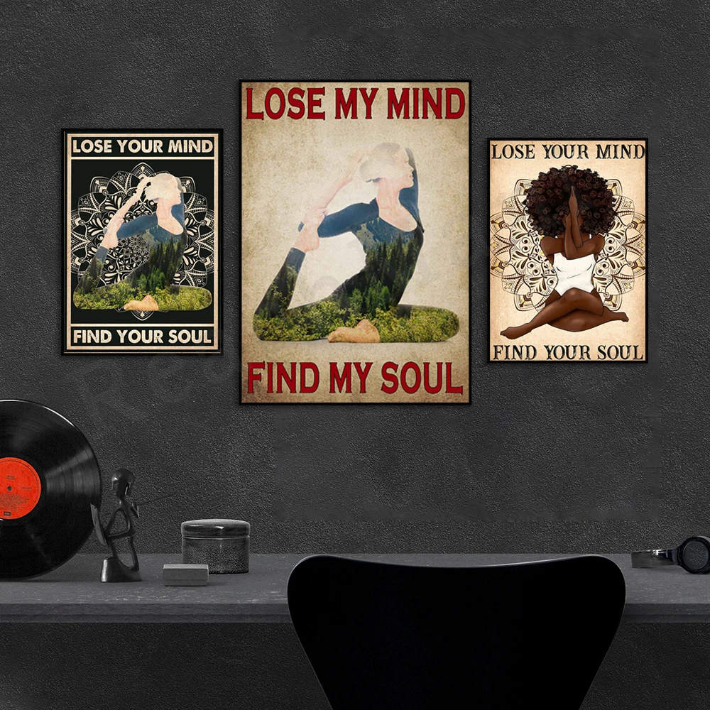 Yoga lose your mind find your soul retro poster, african queen girl yoga, nature yoga, yoga poses, yoga adventure forest poster