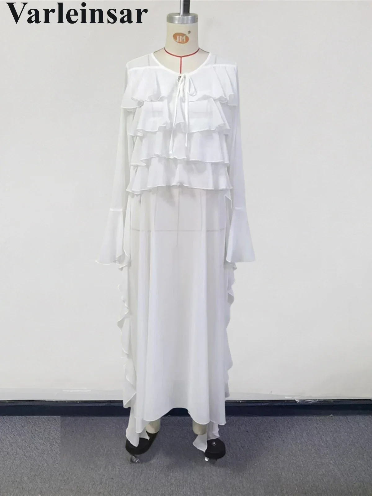 2025 Ruffledแขนยาวดูผ่านถักเสื้อBeach Cover Up Cover-UpsชุดชายหาดชายหาดBeachwearหญิงผู้หญิงV6462