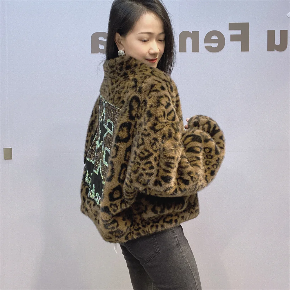 Leopard Printed Women Jackets Thick Clothing Loose Letter Diamonds Stand Collar Cardigan Waistcoat Куртка Женская С Капюшоном