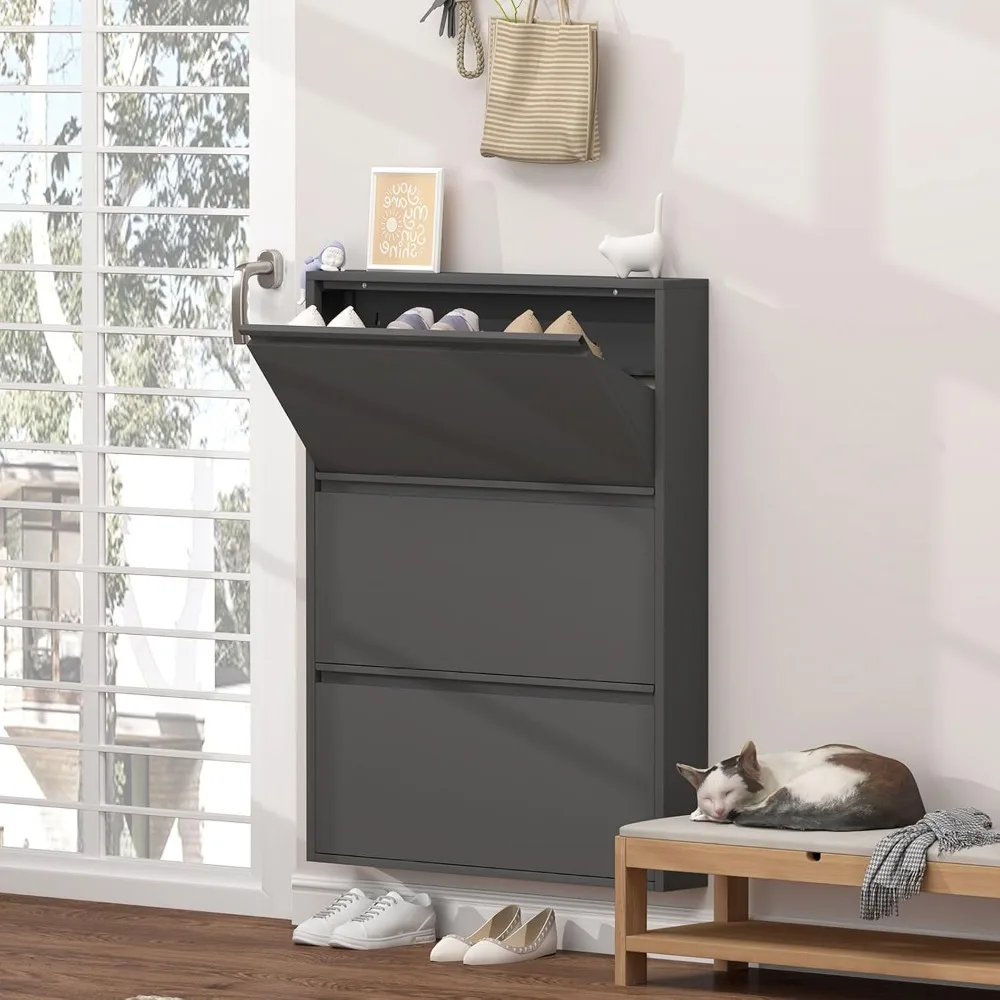 

Shoe Storage Cabinet with 3 Flip Drawers, Narrow Shoe Cabinet for Entryway Slim, Slim Shoe Storage Cabinet, Black Wall
