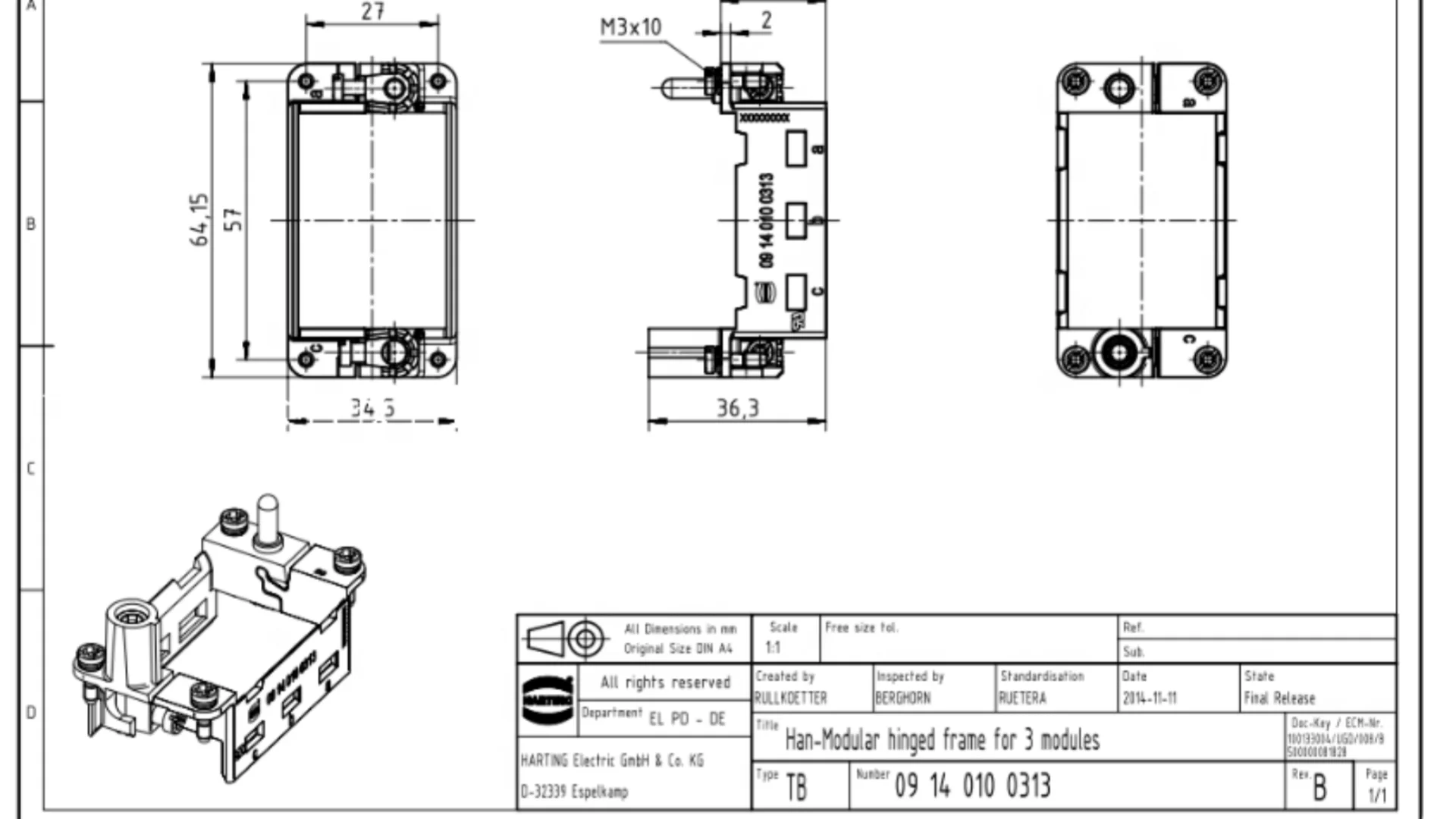 1PCS HARTING 09140100313 Heavy Duty Frame 10B for 3-module standard version (a … f)