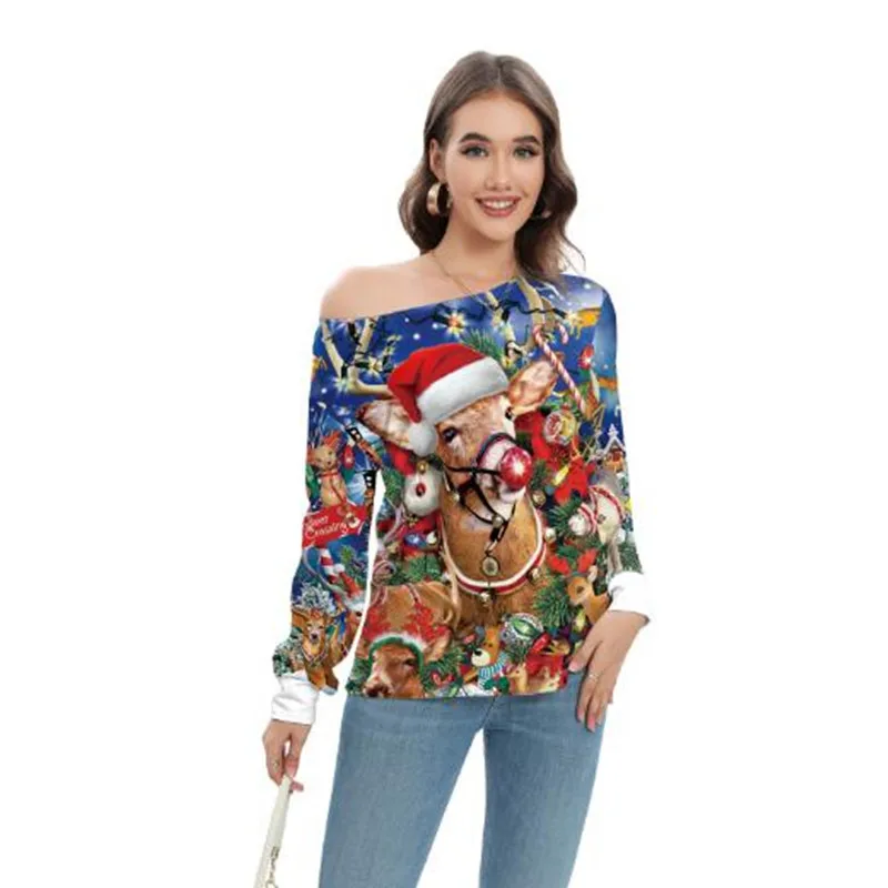 2024 Christmas hoodie women new European American women's oblique shoulder sexy long-sleeved elk animal digital print top woman