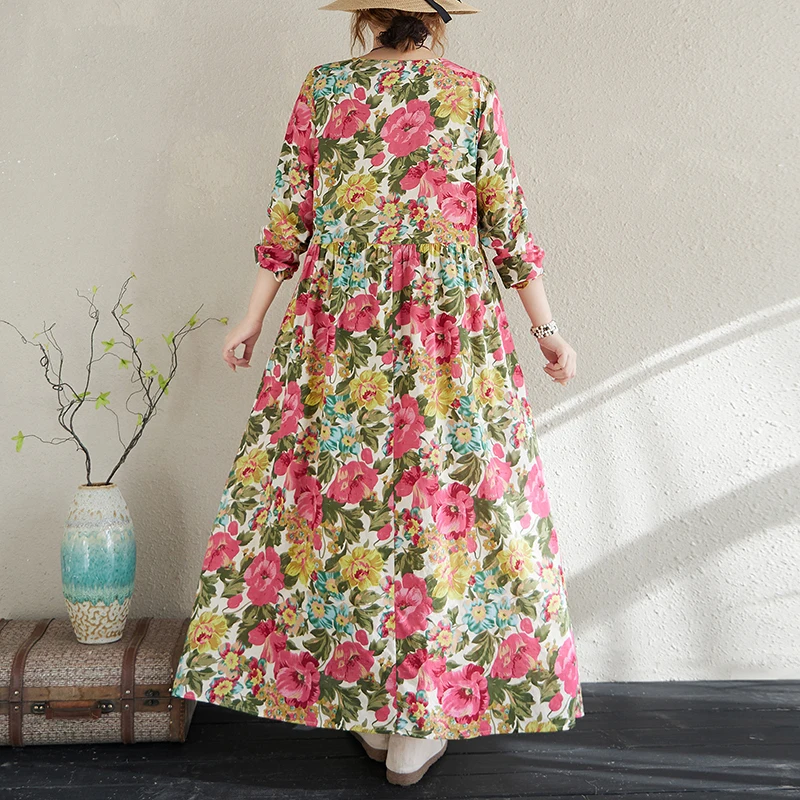 Robe longue imprimée à manches longues pour femmes, rose, coton, chanvre, col rond, style campagne, printemps, nouveau, 2025, A417