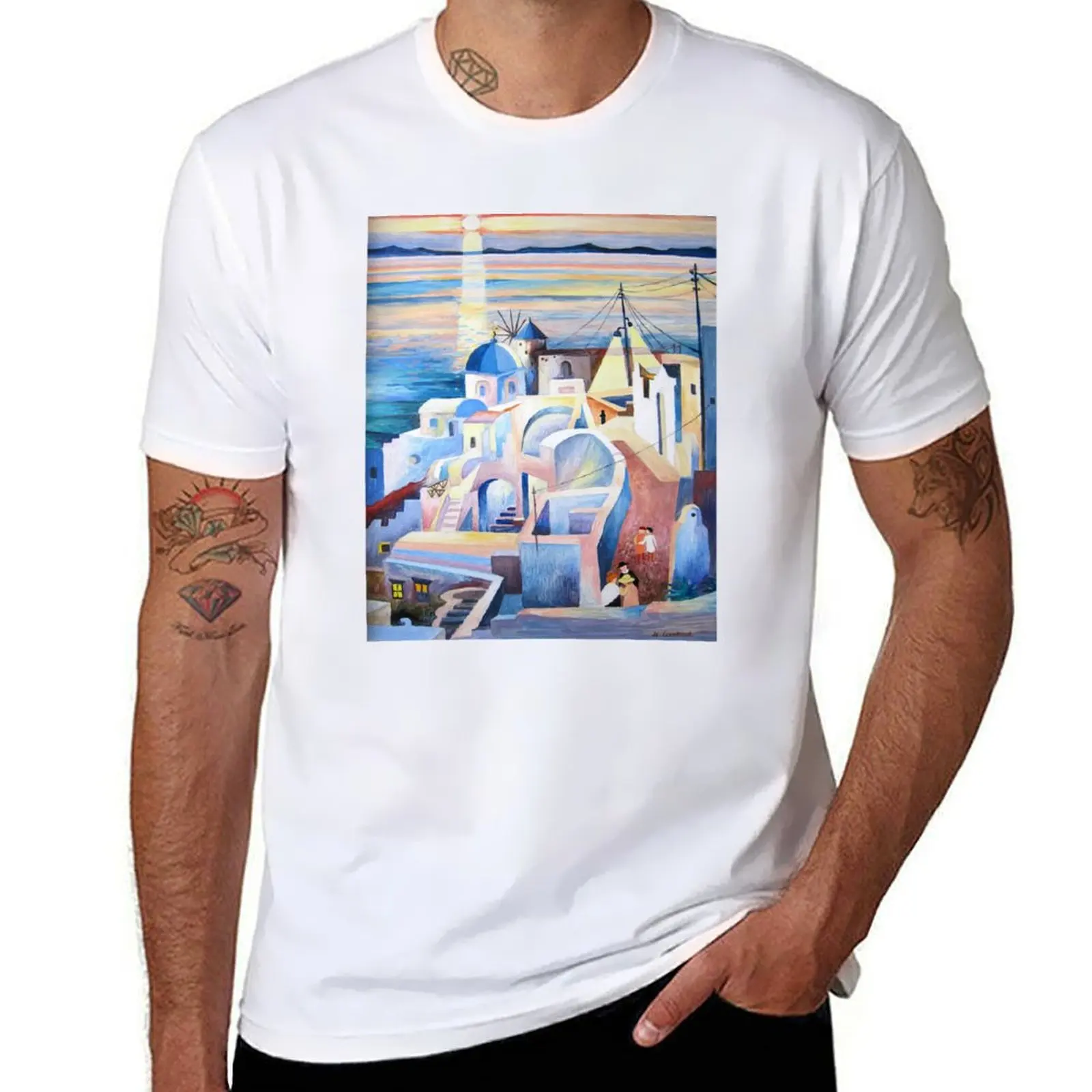 

Santorini Greece Acrylic Painting T-Shirt cotton t shirt man funny t shirts cotton T-Shirt