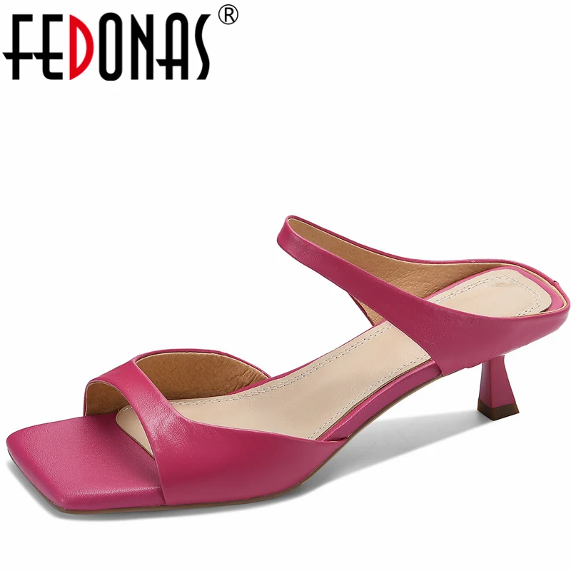 FEDONAS 2024 Summer New Elegant Women Slippers Thin Heels Genuine Leather Shoes Woman Mature Concise Party Office Ladies Sandals