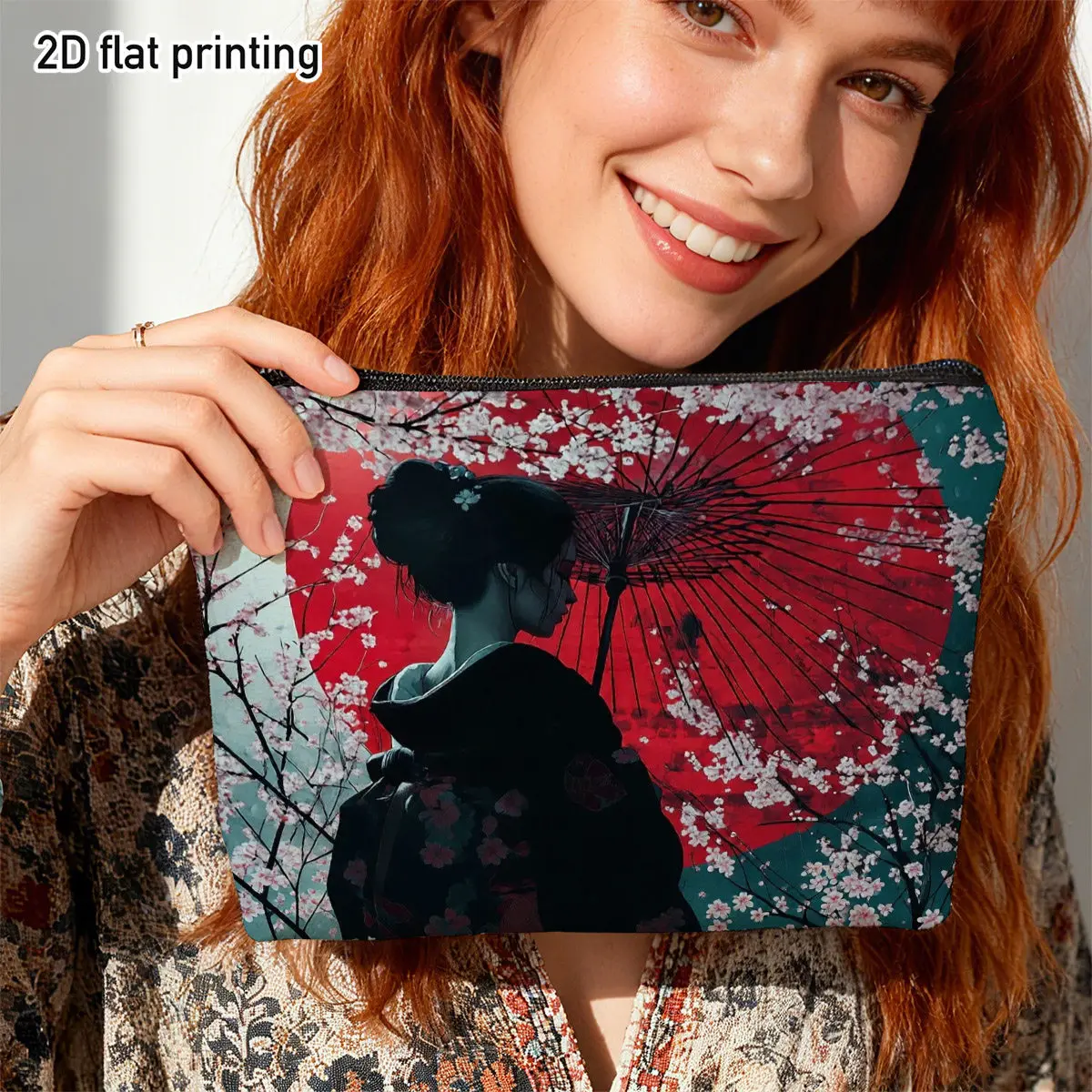 1pc Aesthetic Japanese Geisha Scene Durable Makeup Bag Cherry Blossoms Red Umbrella Print Weekend Storage Cultural Themed Gift