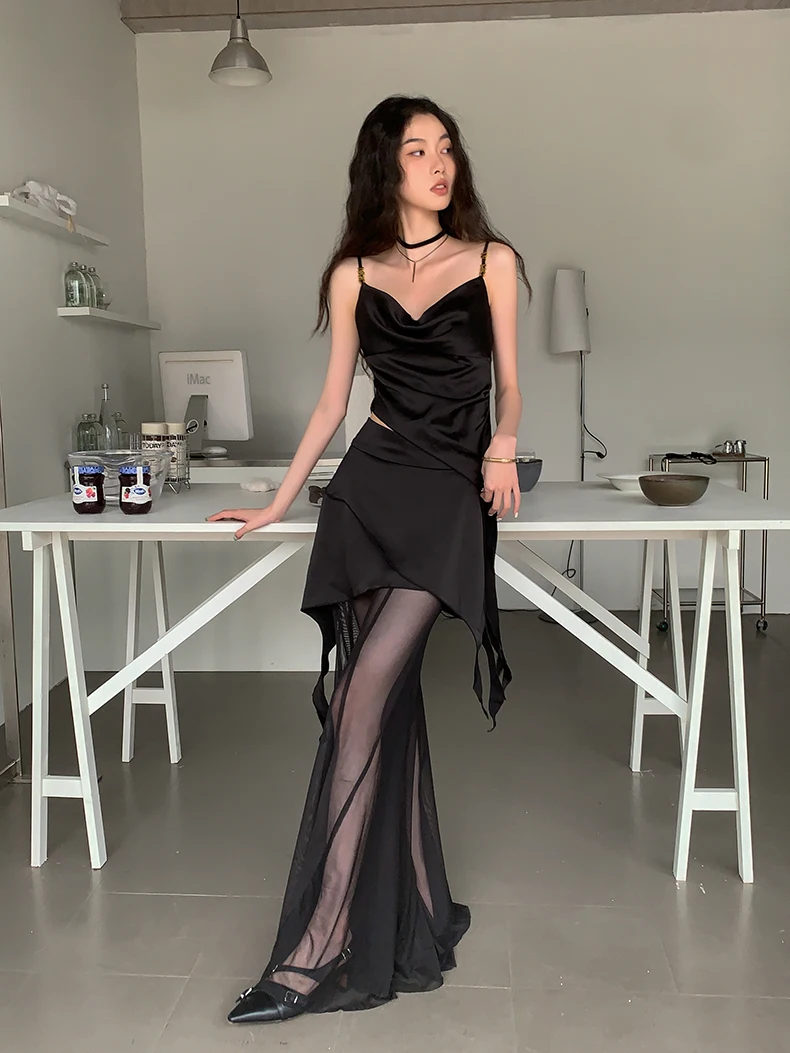 CHEERART Summer Black See Through Mesh Flare Pants Sets High Fashion Trousers Wide Leg Pants Women Streetwear Clothing