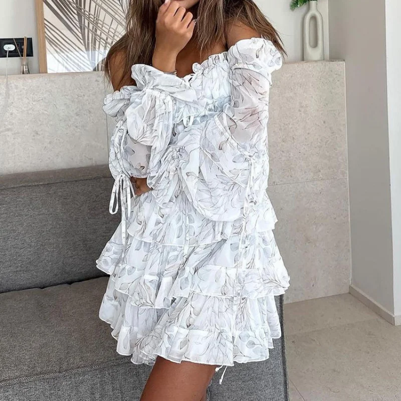 Digital Printing Elegant Dress for Women2025Spring and Summer New Square Neck Long Sleeve Tie High-End Cake Dress