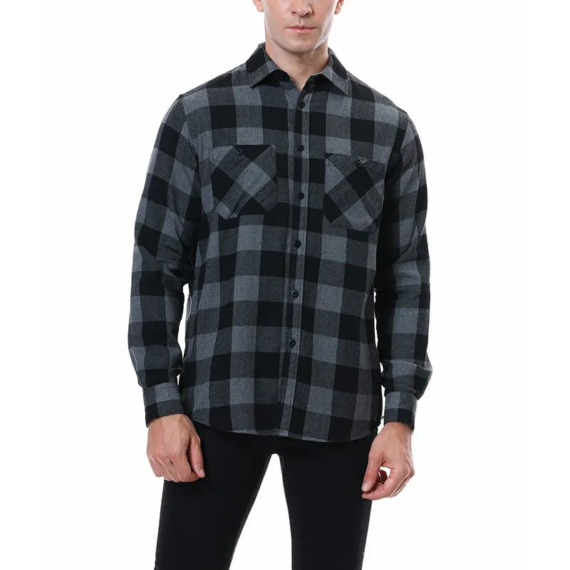 Men\'s Long Sleeve Plaid Shirt Pure Cotton Casual Front Patch Chest Pocket Regular-fit Button-down Collar Flannel Frosted Shirt