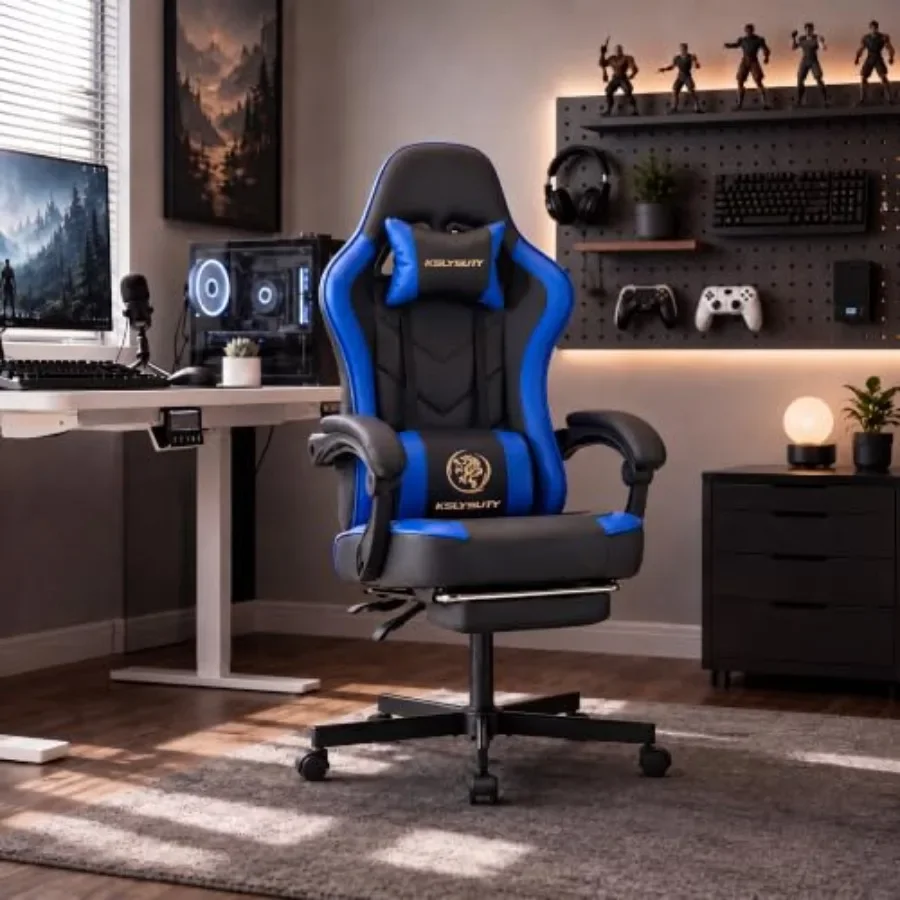 Gaming desk chair for adults: blue leather, high-back ergonomic design with footrest, lumbar support, swivel mechanism, and poc
