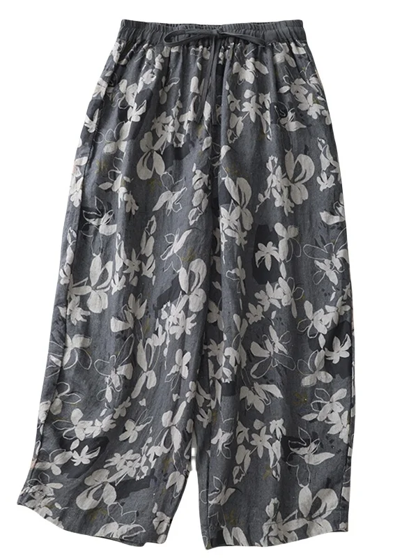 بنطلون واسع الساق من الكتان المطبوع بتصميم عتيق للنساء صيف 2025 جديد بخصر عالٍ ونحيف وفضفاض لإخفاء العيوب بنطلون كاجوال #5